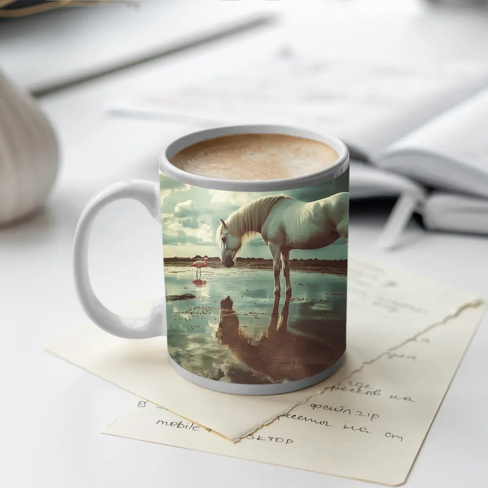 White Horse Flamingos Reflecting Shallow Water – Mugs