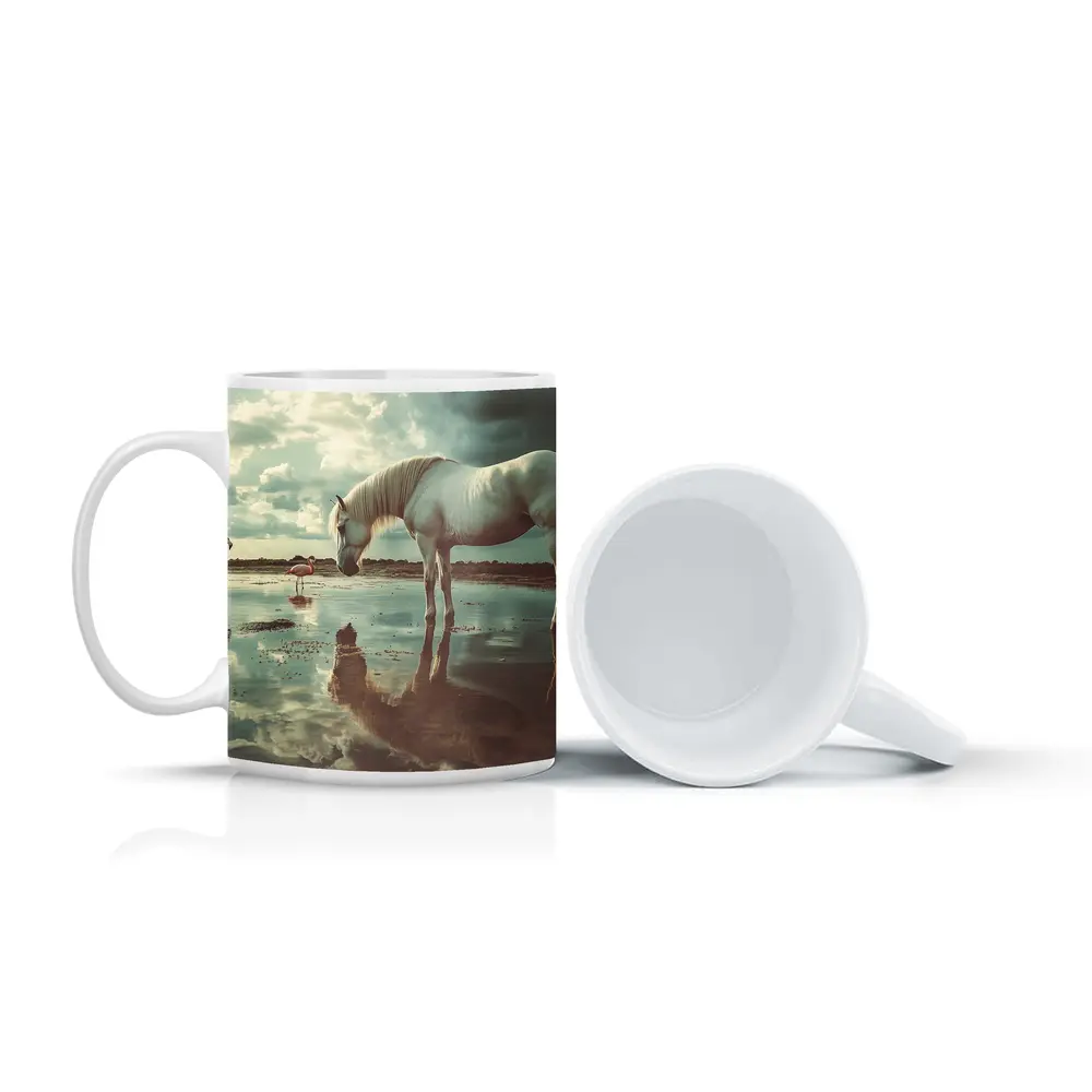 White Horse Flamingos Reflecting Shallow Water – Mugs