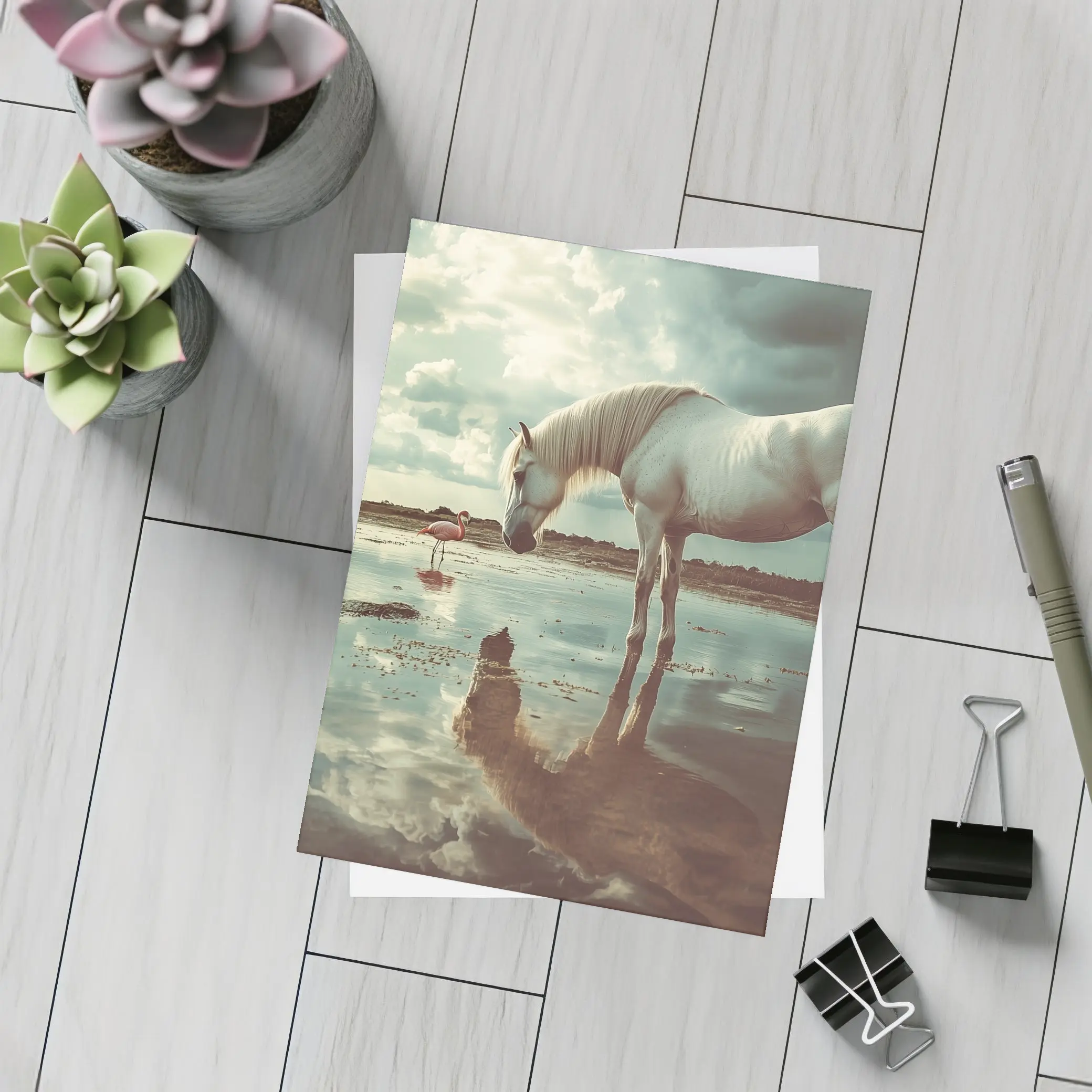 White Horse Flamingos Reflecting Shallow Water – Postcards