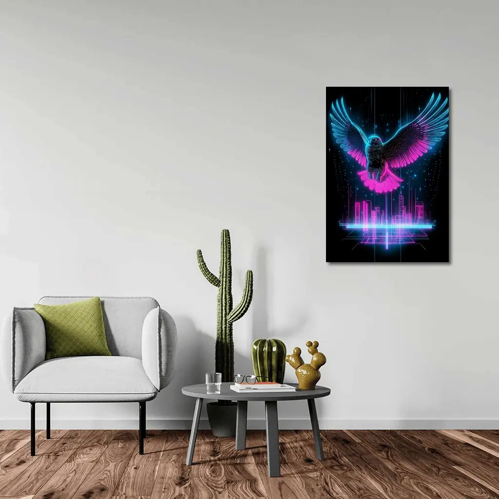 Neon Eagle Flying Over Cyberpunk City – Wall Art