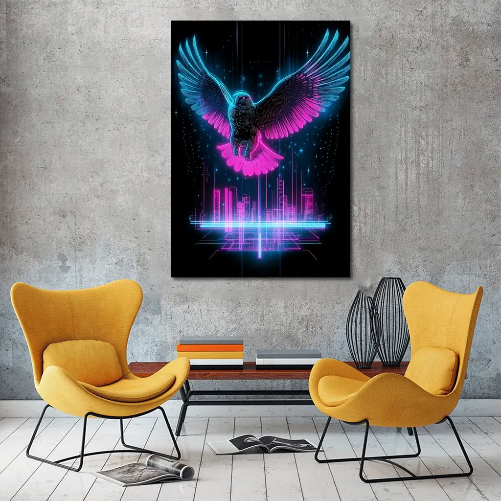 Neon Eagle Flying Over Cyberpunk City – Wall Art