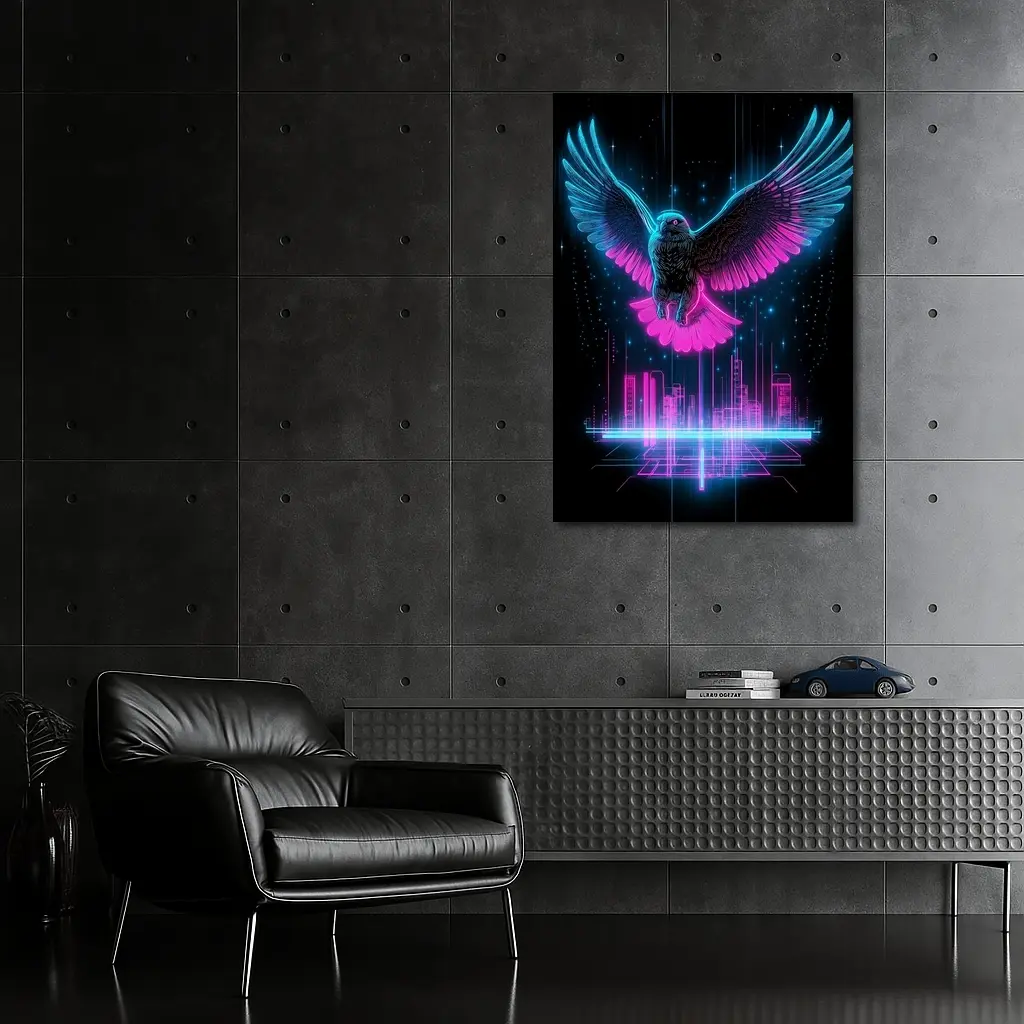 Neon Eagle Flying Over Cyberpunk City – Wall Art