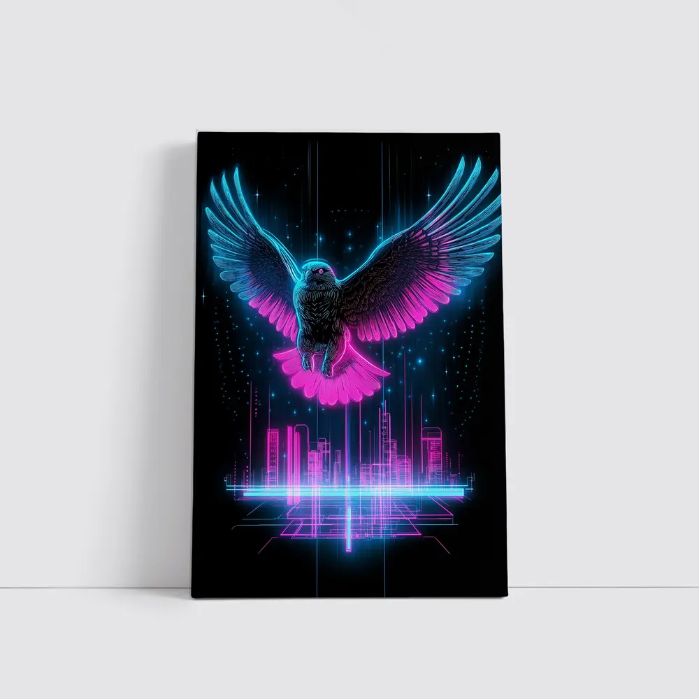 Neon Eagle Flying Over Cyberpunk City – Wall Art