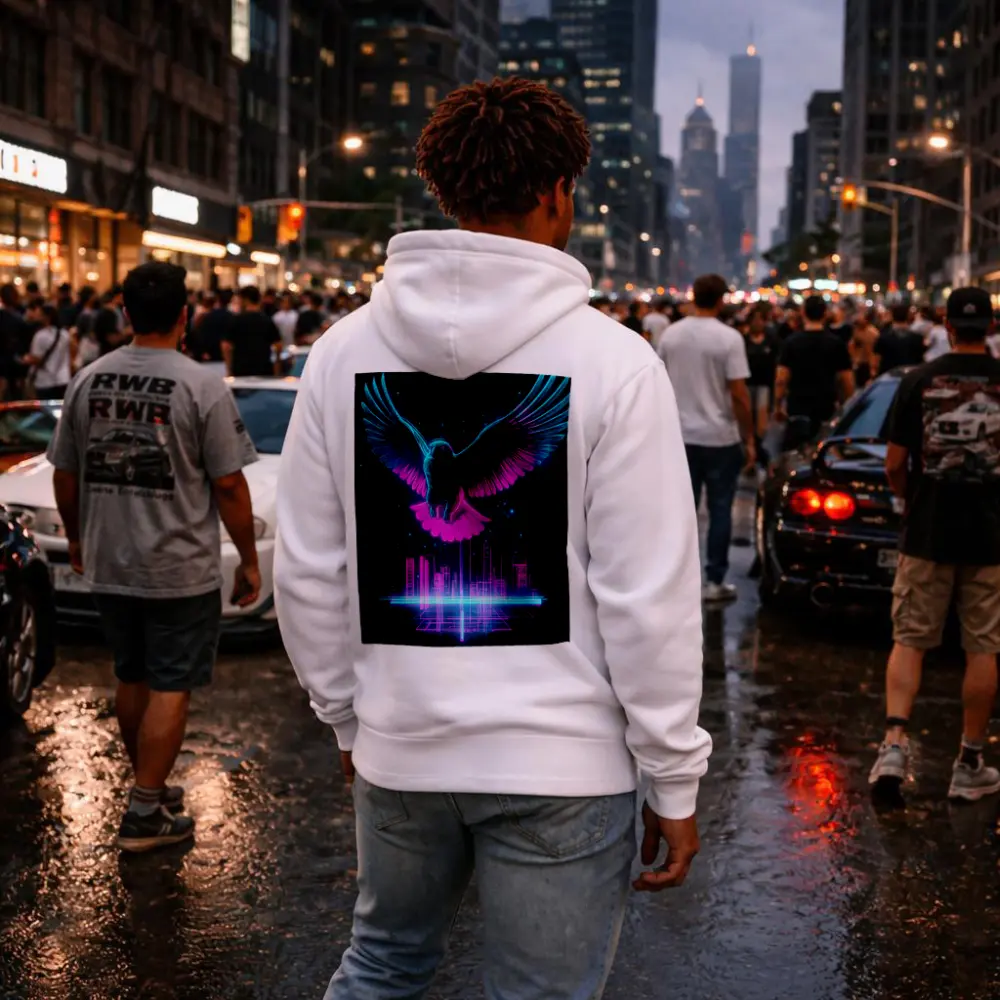 Neon Eagle Flying Over Cyberpunk City – Hoodies