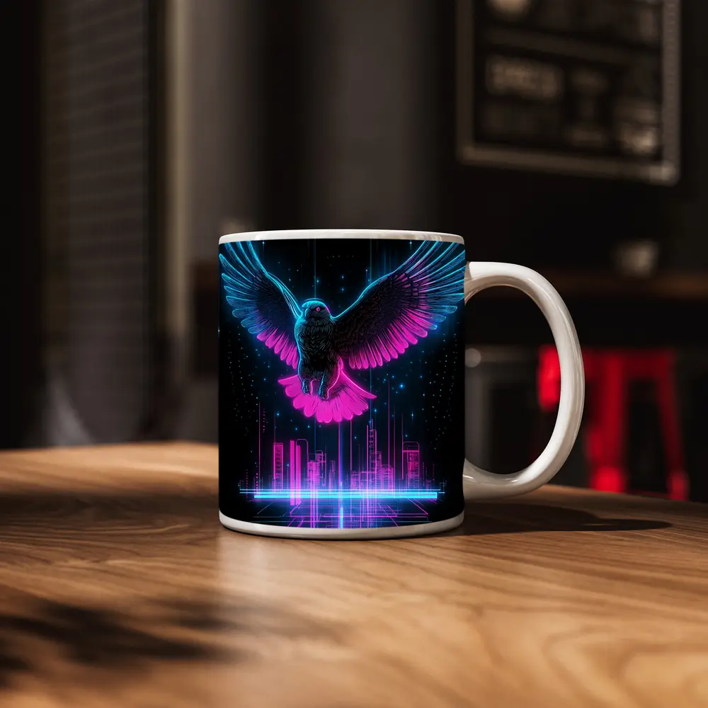 Neon Eagle Flying Over Cyberpunk City – Mugs