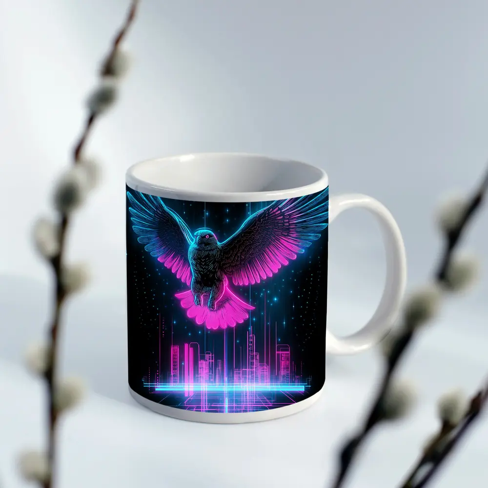 Neon Eagle Flying Over Cyberpunk City – Mugs