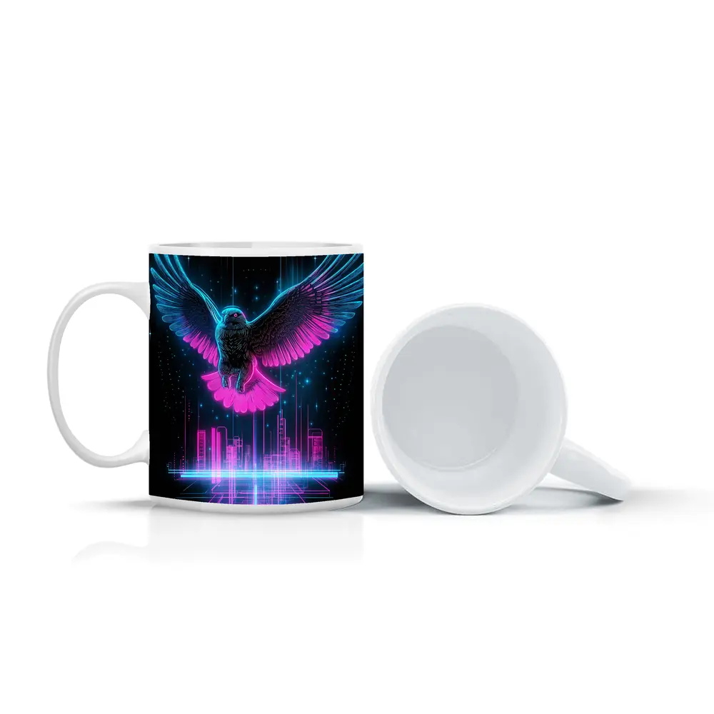 Neon Eagle Flying Over Cyberpunk City – Mugs