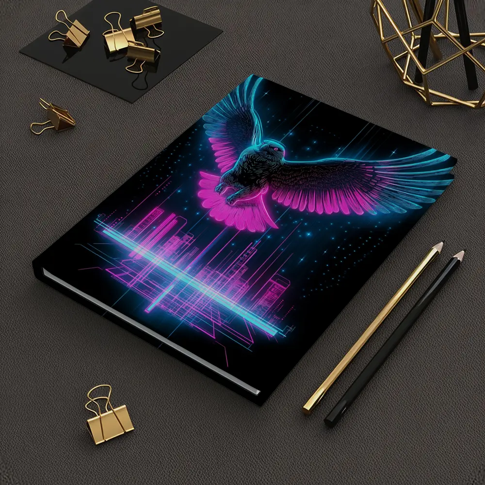 Neon Eagle Flying Over Cyberpunk City – Notebooks