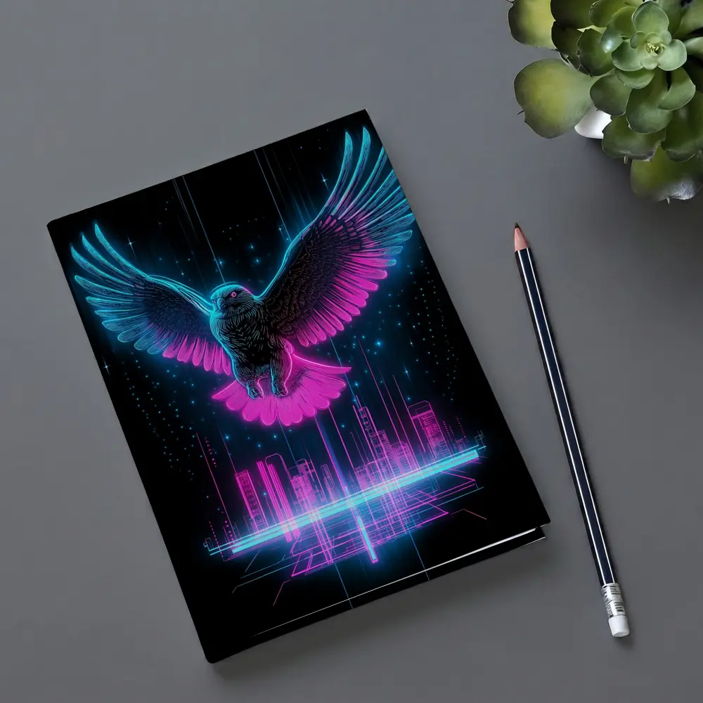 Neon Eagle Flying Over Cyberpunk City – Notebooks