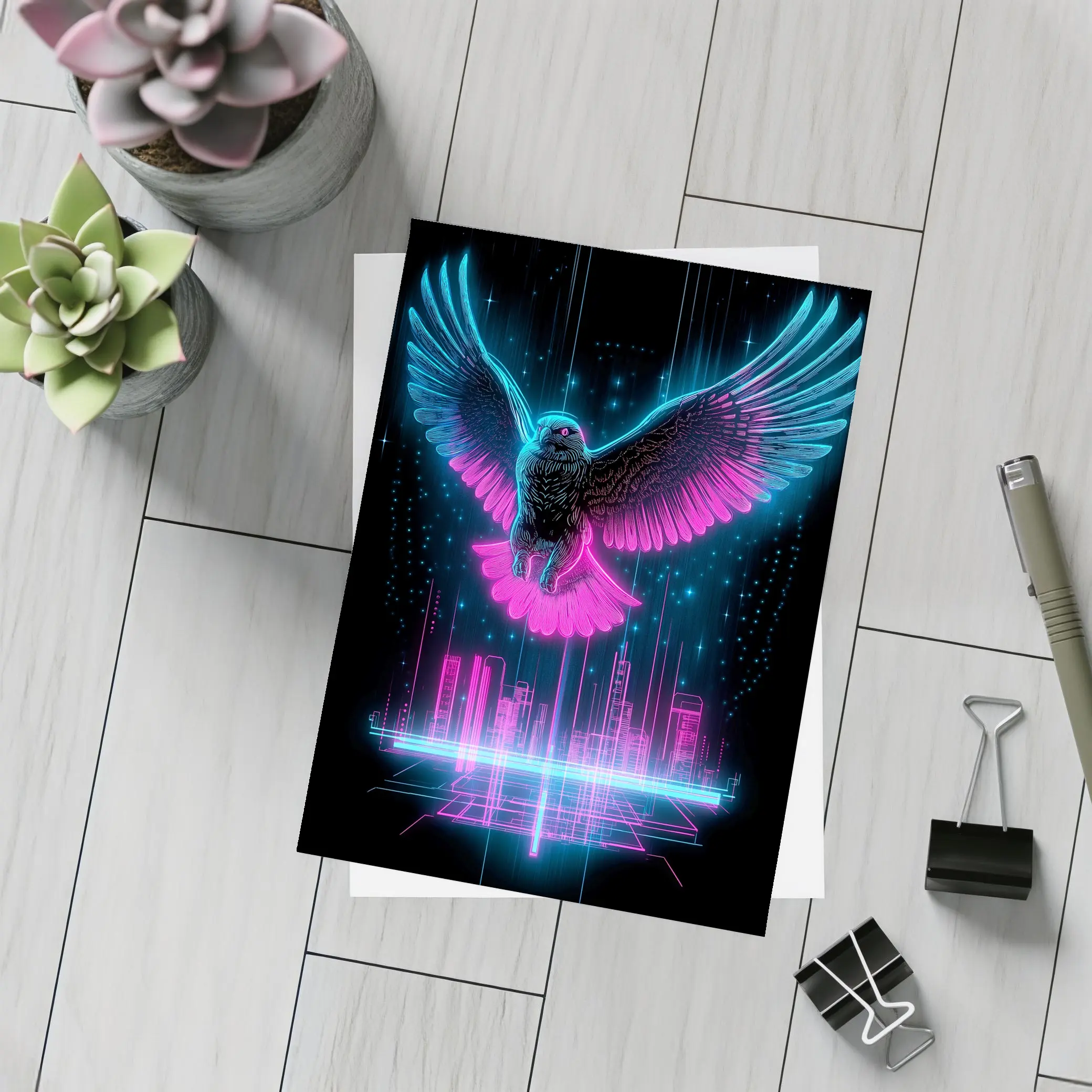 Neon Eagle Flying Over Cyberpunk City – Postcards
