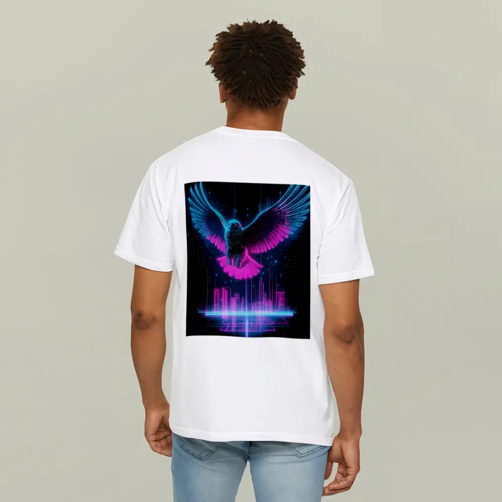 Neon Eagle Flying Over Cyberpunk City – T-Shirts