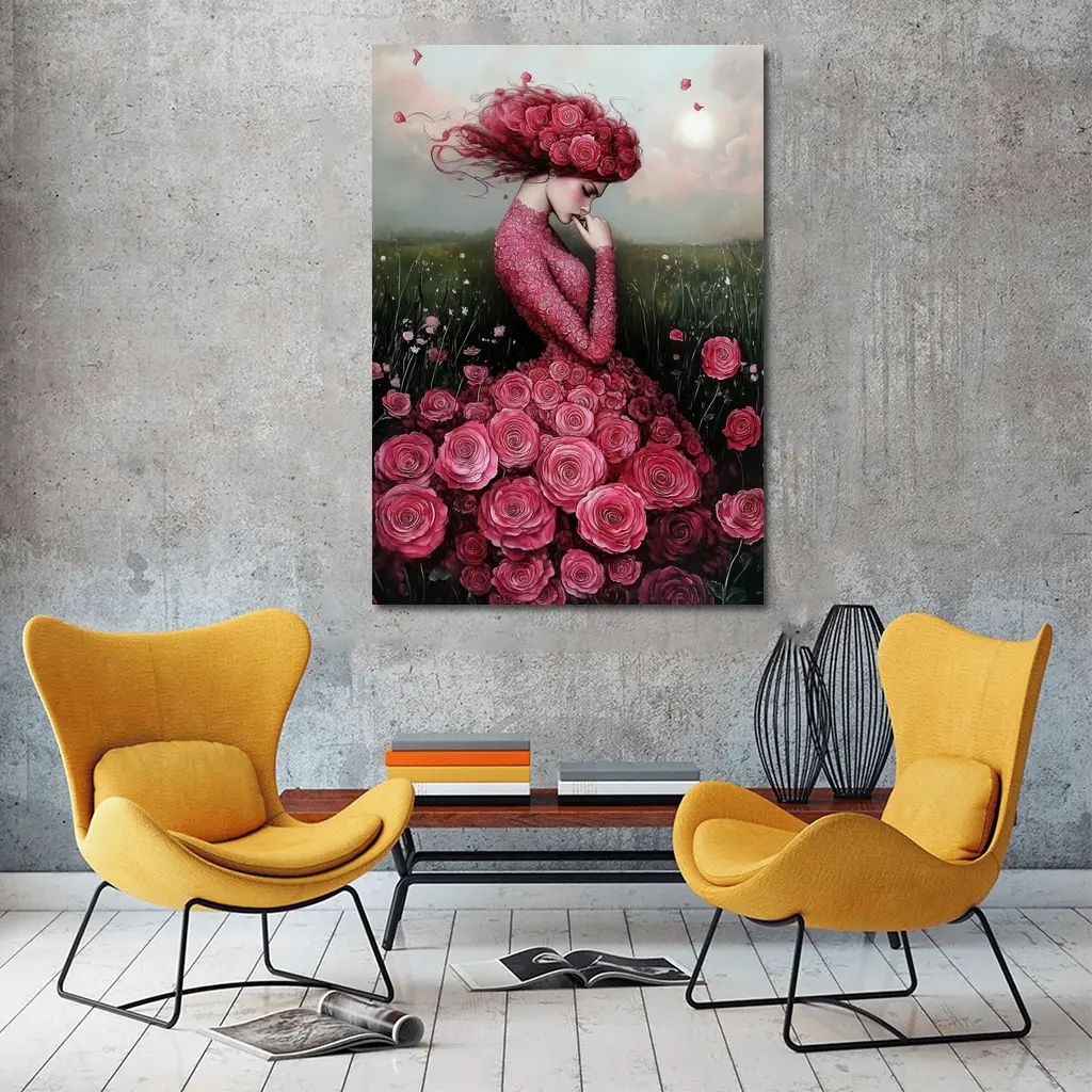 Woman Rose Dress Floral Field Fantasy Art – Wall Art