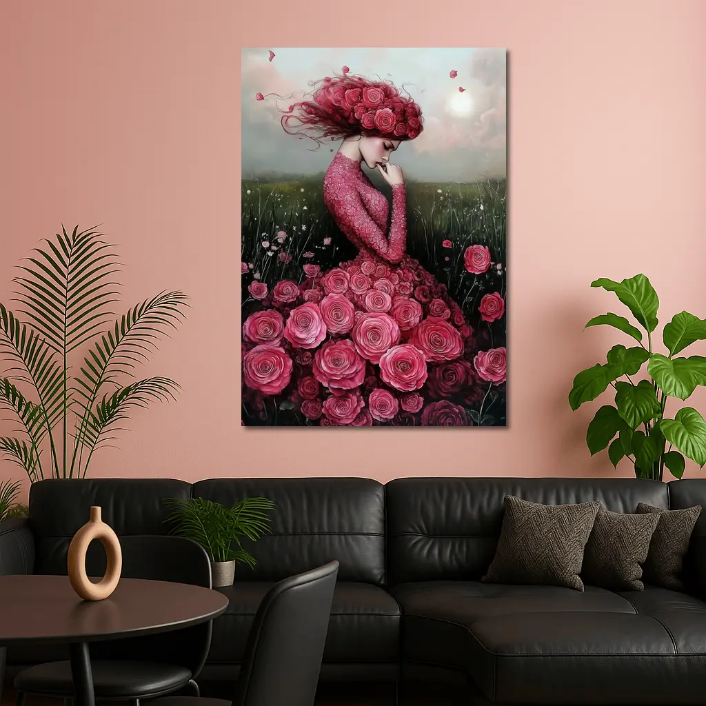 Woman Rose Dress Floral Field Fantasy Art – Wall Art