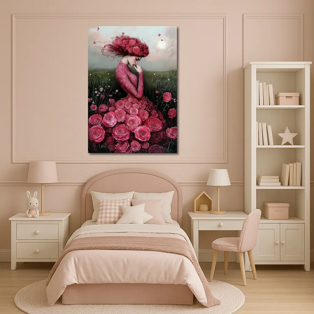 Woman Rose Dress Floral Field Fantasy Art – Wall Art