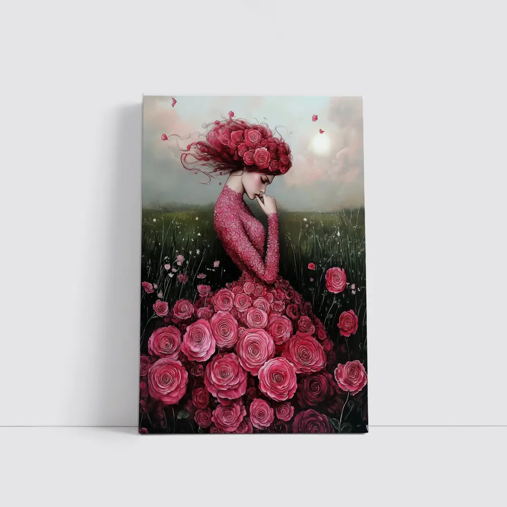 Woman Rose Dress Floral Field Fantasy Art – Wall Art