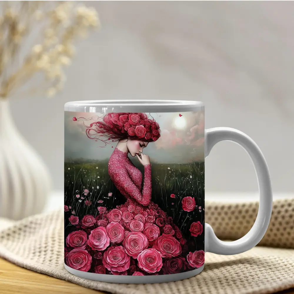 Woman Rose Dress Floral Field Fantasy Art – Mugs