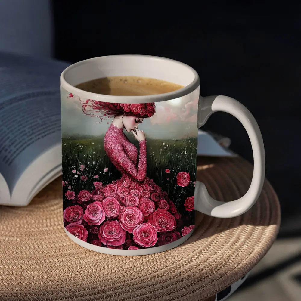 Woman Rose Dress Floral Field Fantasy Art – Mugs