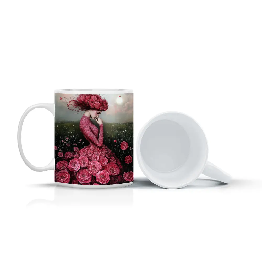 Woman Rose Dress Floral Field Fantasy Art – Mugs