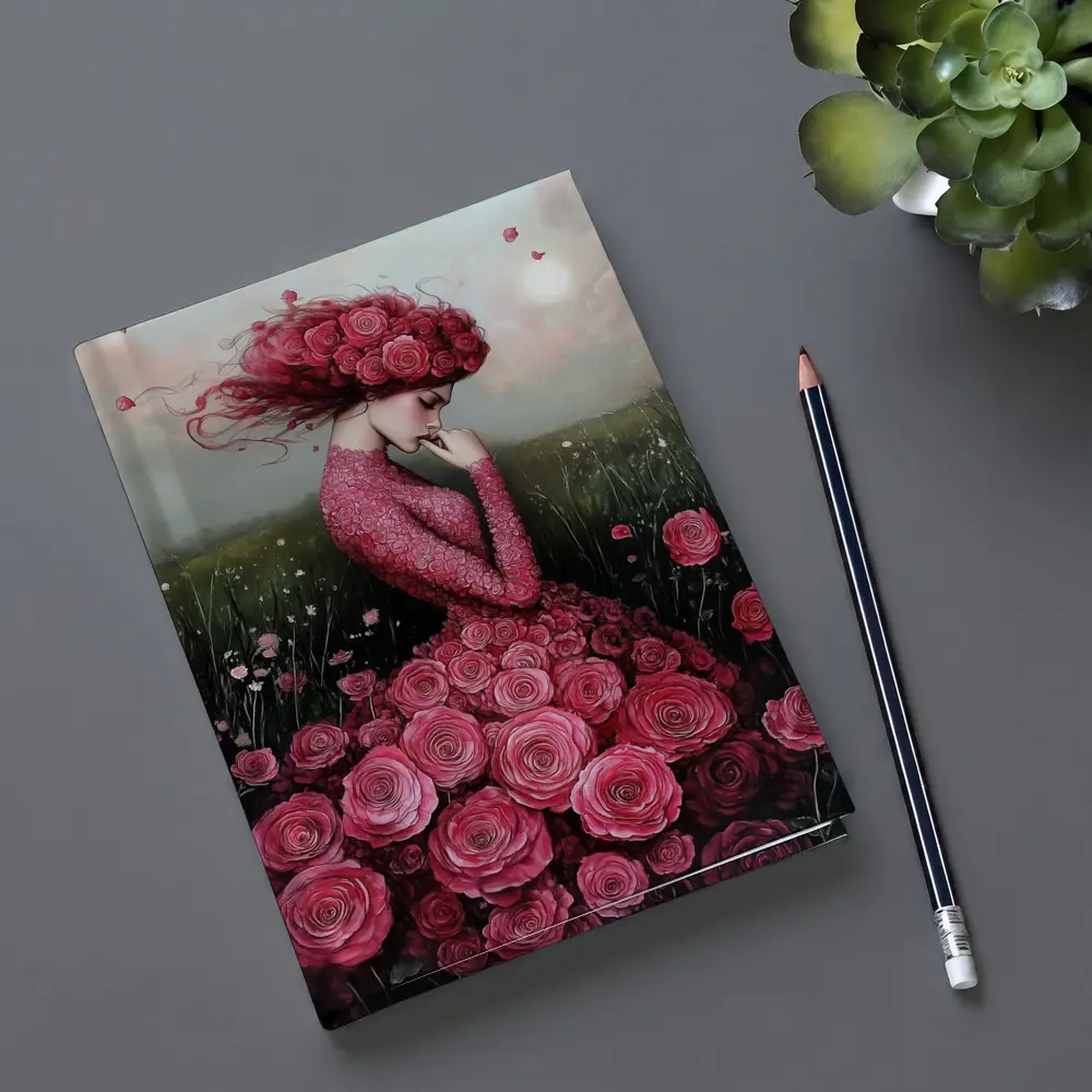 Woman Rose Dress Floral Field Fantasy Art – Notebooks