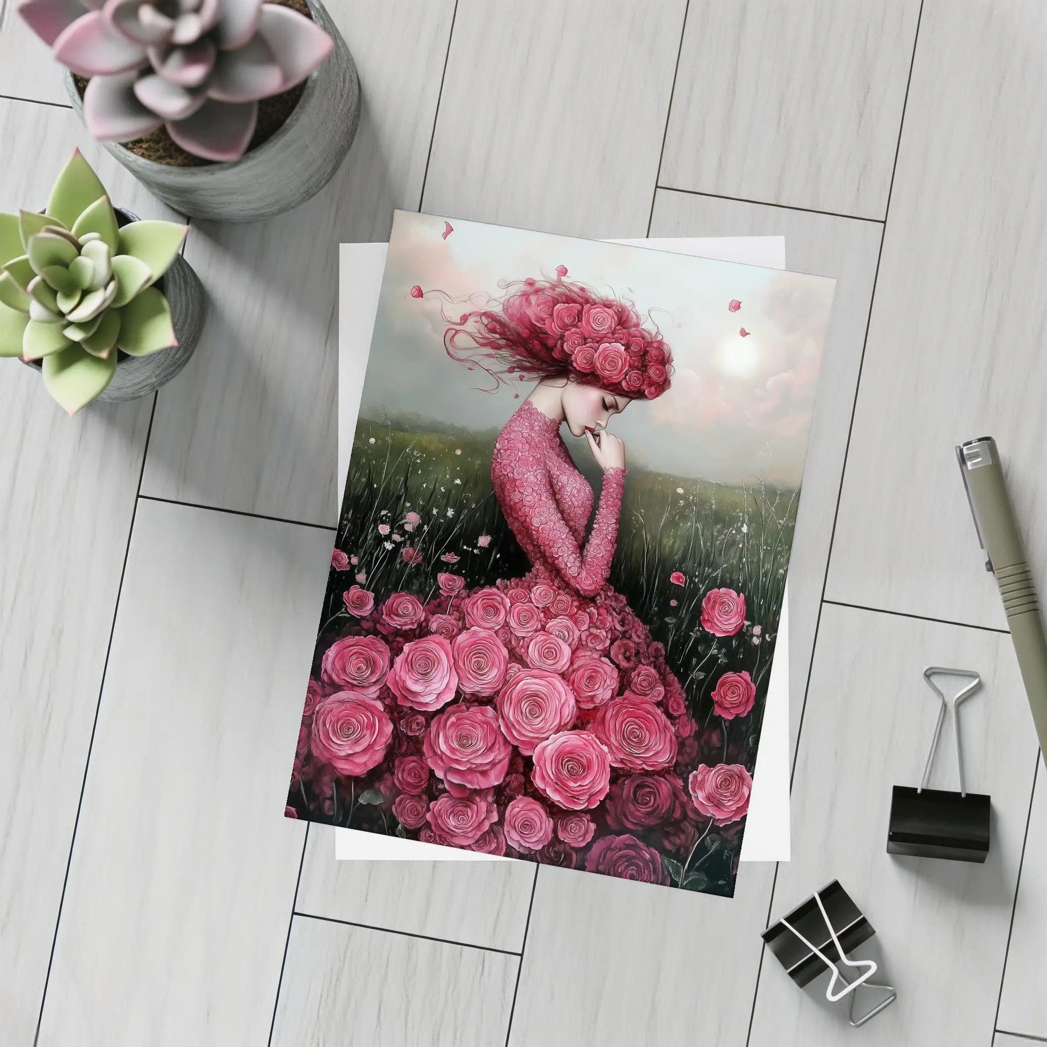 Woman Rose Dress Floral Field Fantasy Art – Postcards