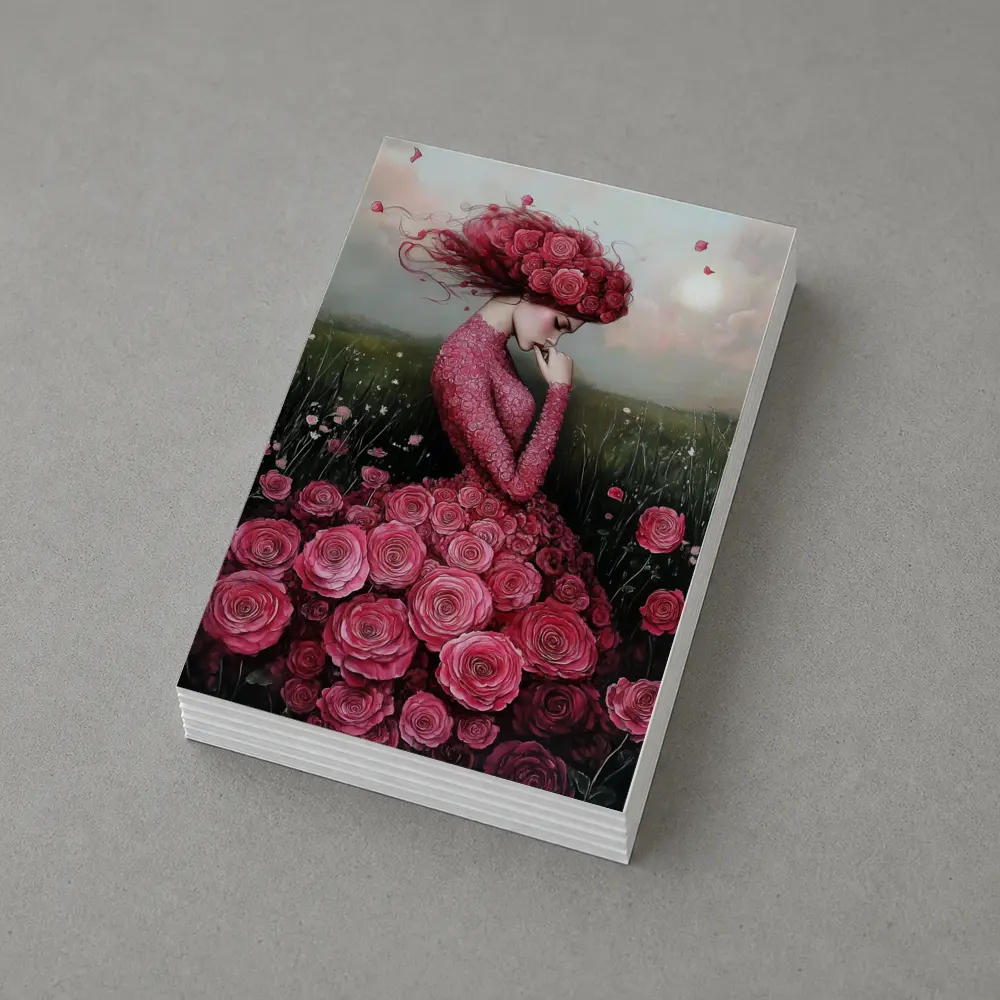 Woman Rose Dress Floral Field Fantasy Art – Postcards