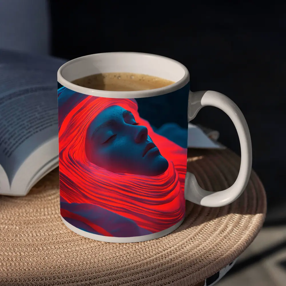 Sleeping Woman Red Waves Surreal Art – Mugs