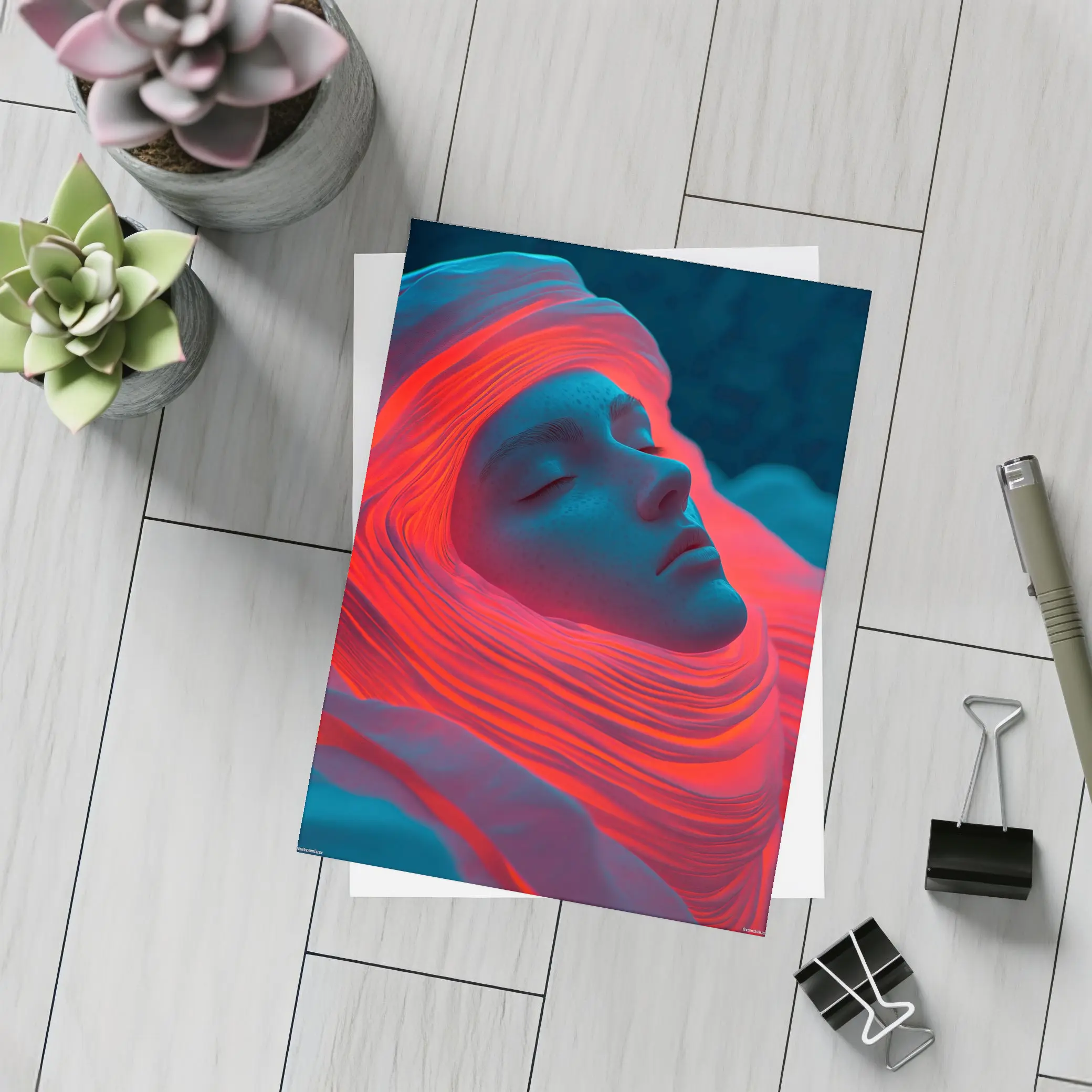 Sleeping Woman Red Waves Surreal Art – Postcards
