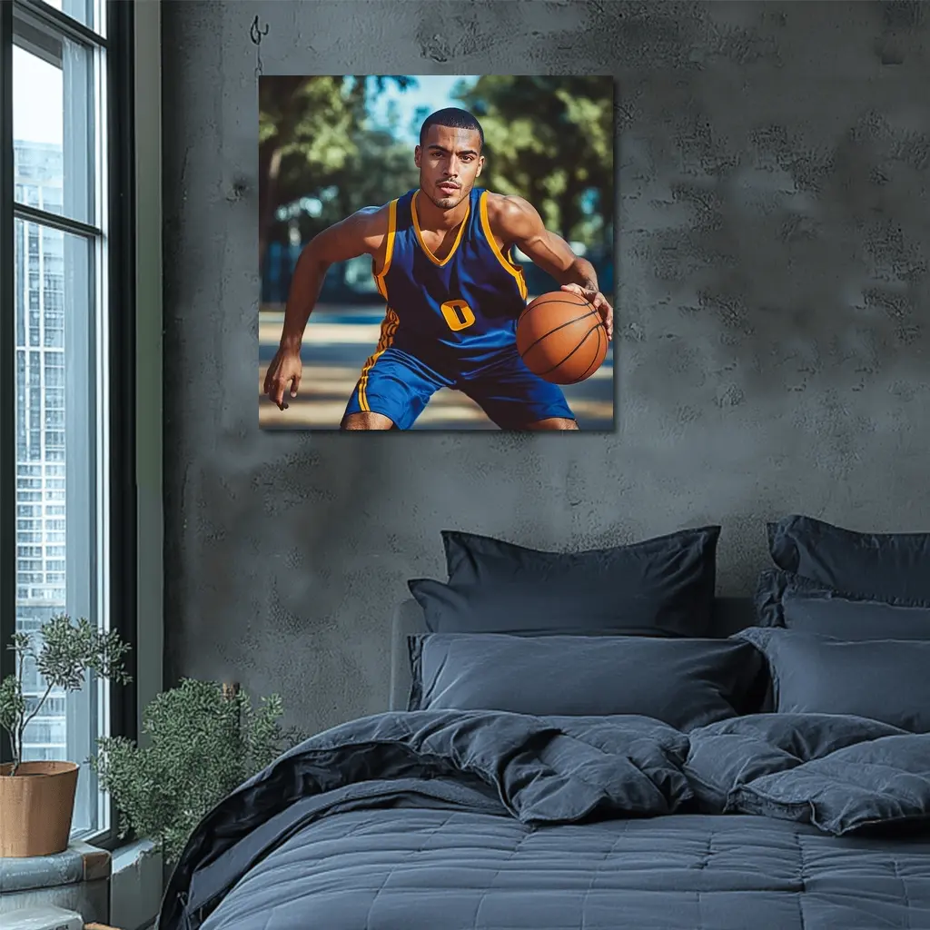 Basketball Player Dribbling Outdoor Court – Wall Art