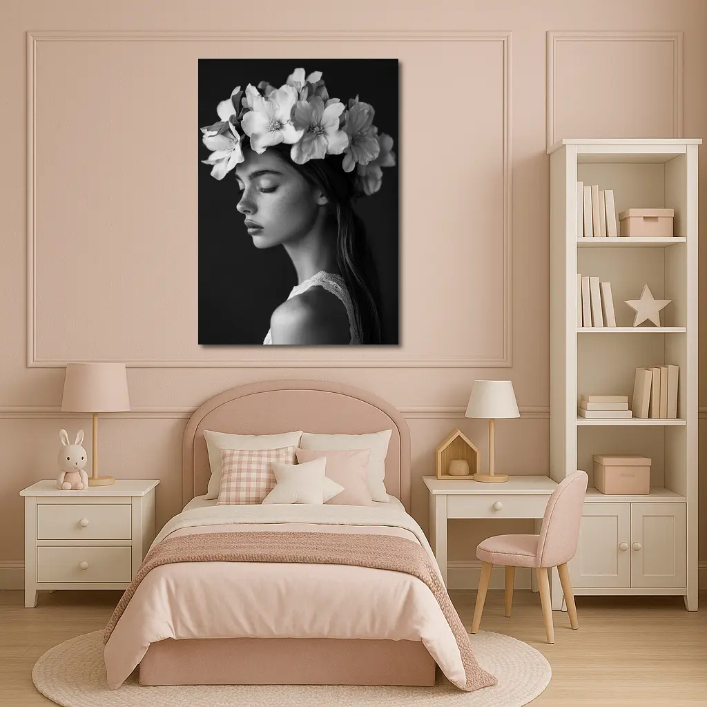 Woman Flower Crown Black White Portrait – Wall Art
