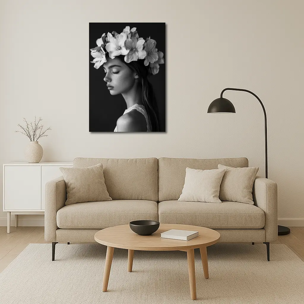 Woman Flower Crown Black White Portrait – Wall Art