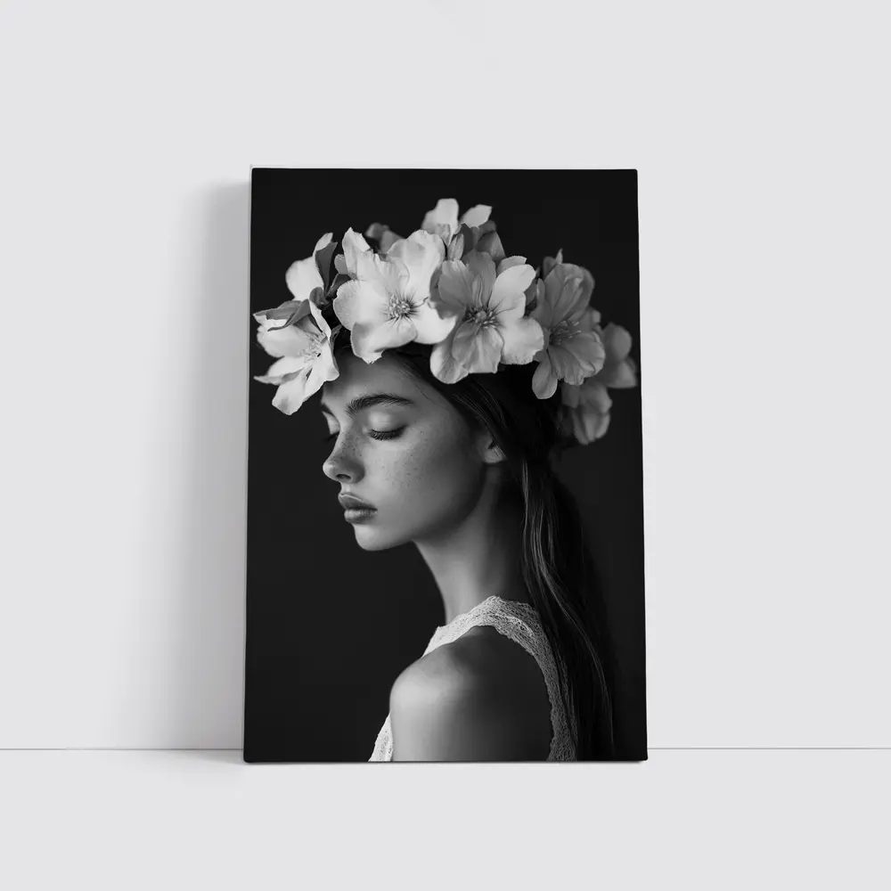 Woman Flower Crown Black White Portrait – Wall Art