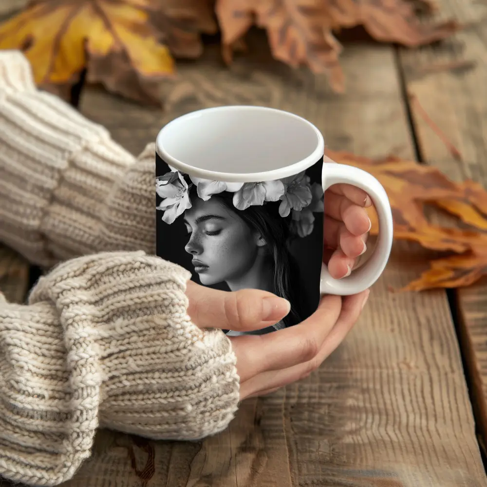Woman Flower Crown Black White Portrait – Mugs