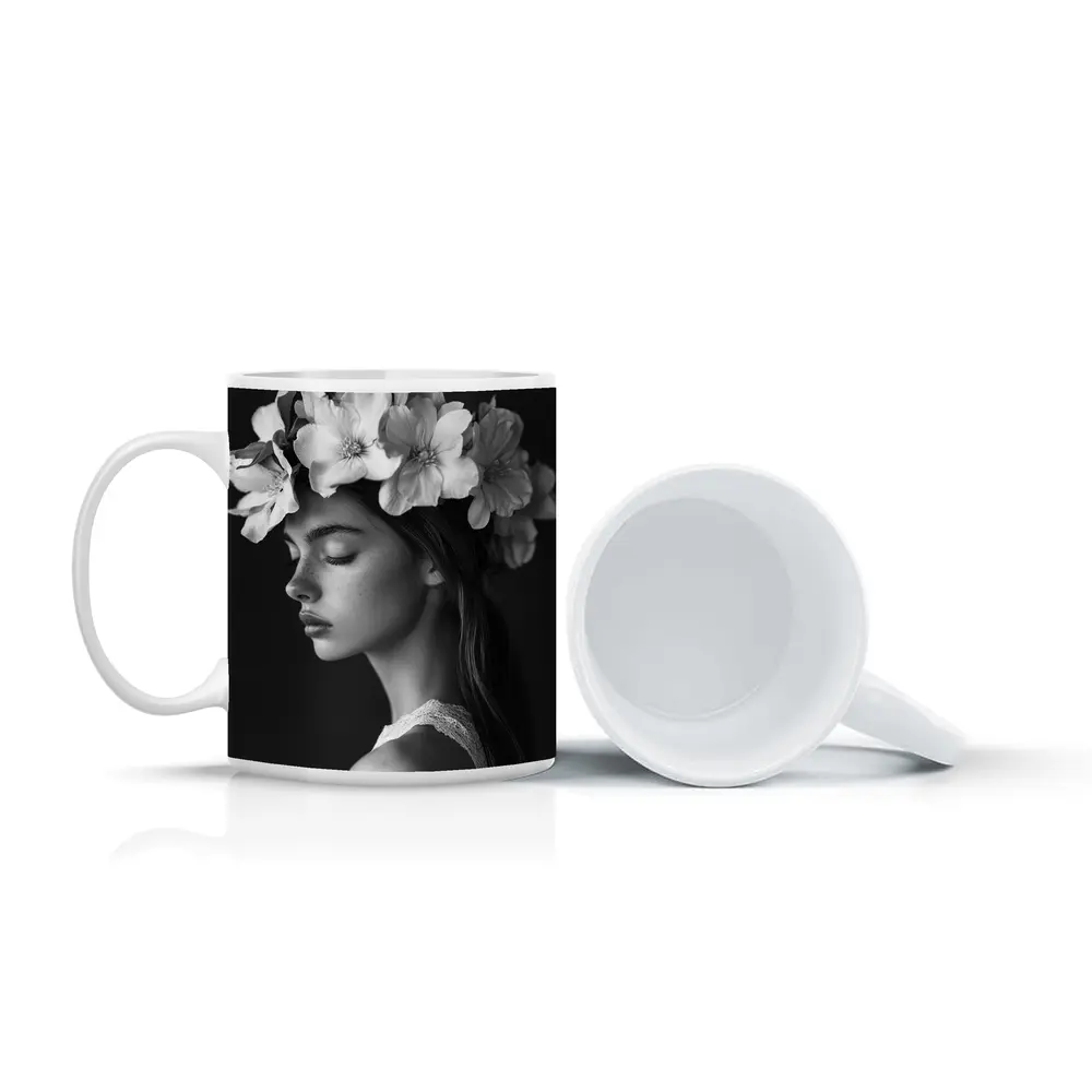 Woman Flower Crown Black White Portrait – Mugs