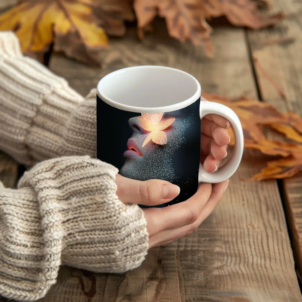 Glowing Flower Woman Profile Dark Background – Mugs