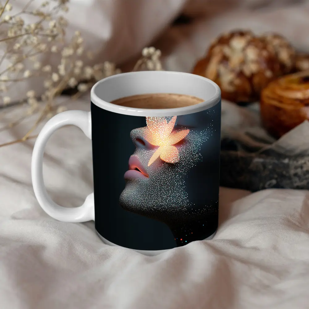 Glowing Flower Woman Profile Dark Background – Mugs