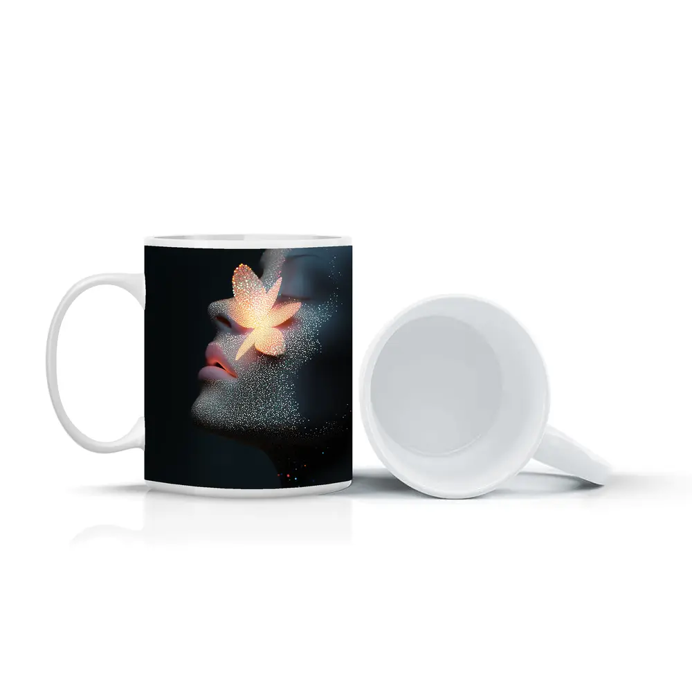 Glowing Flower Woman Profile Dark Background – Mugs