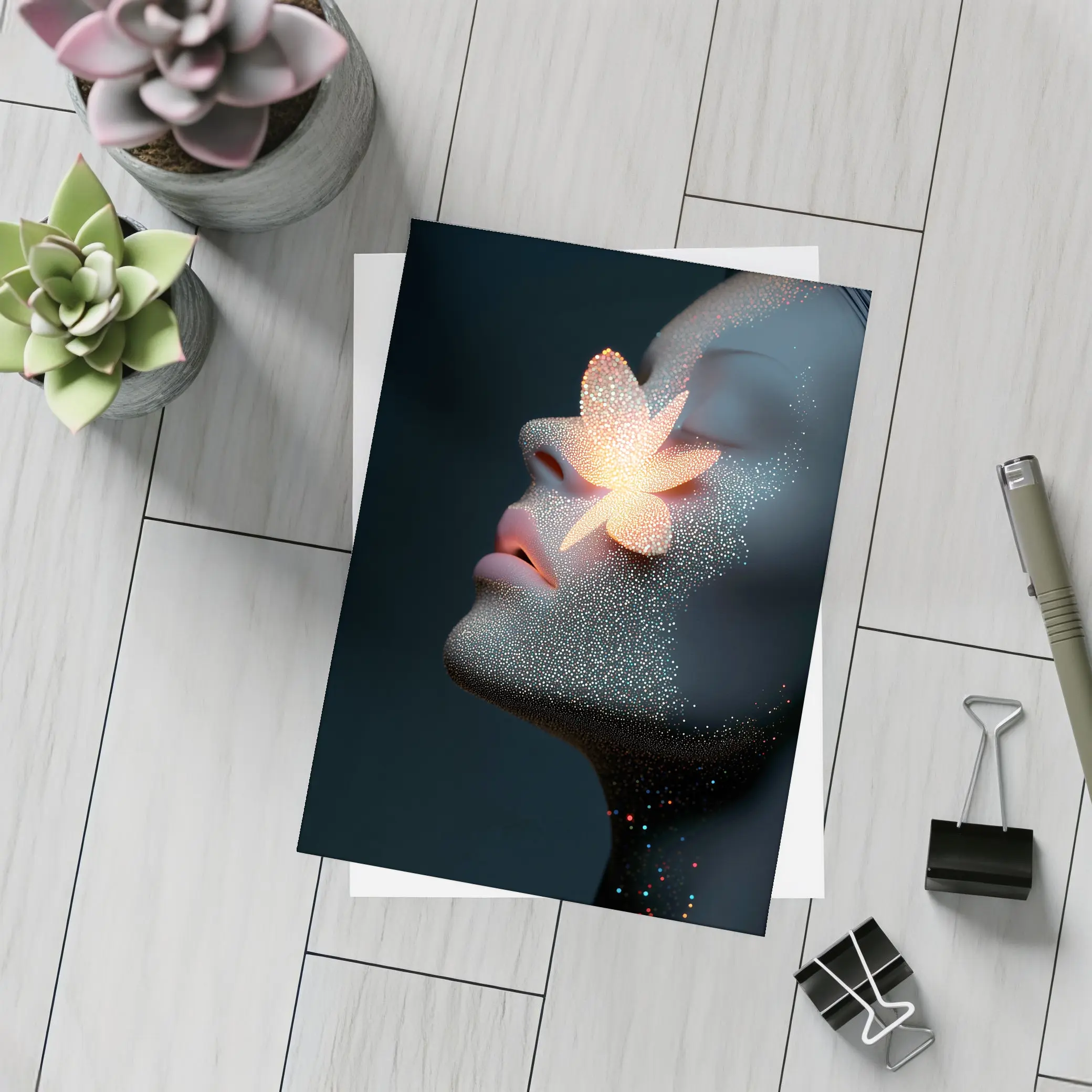 Glowing Flower Woman Profile Dark Background – Postcards