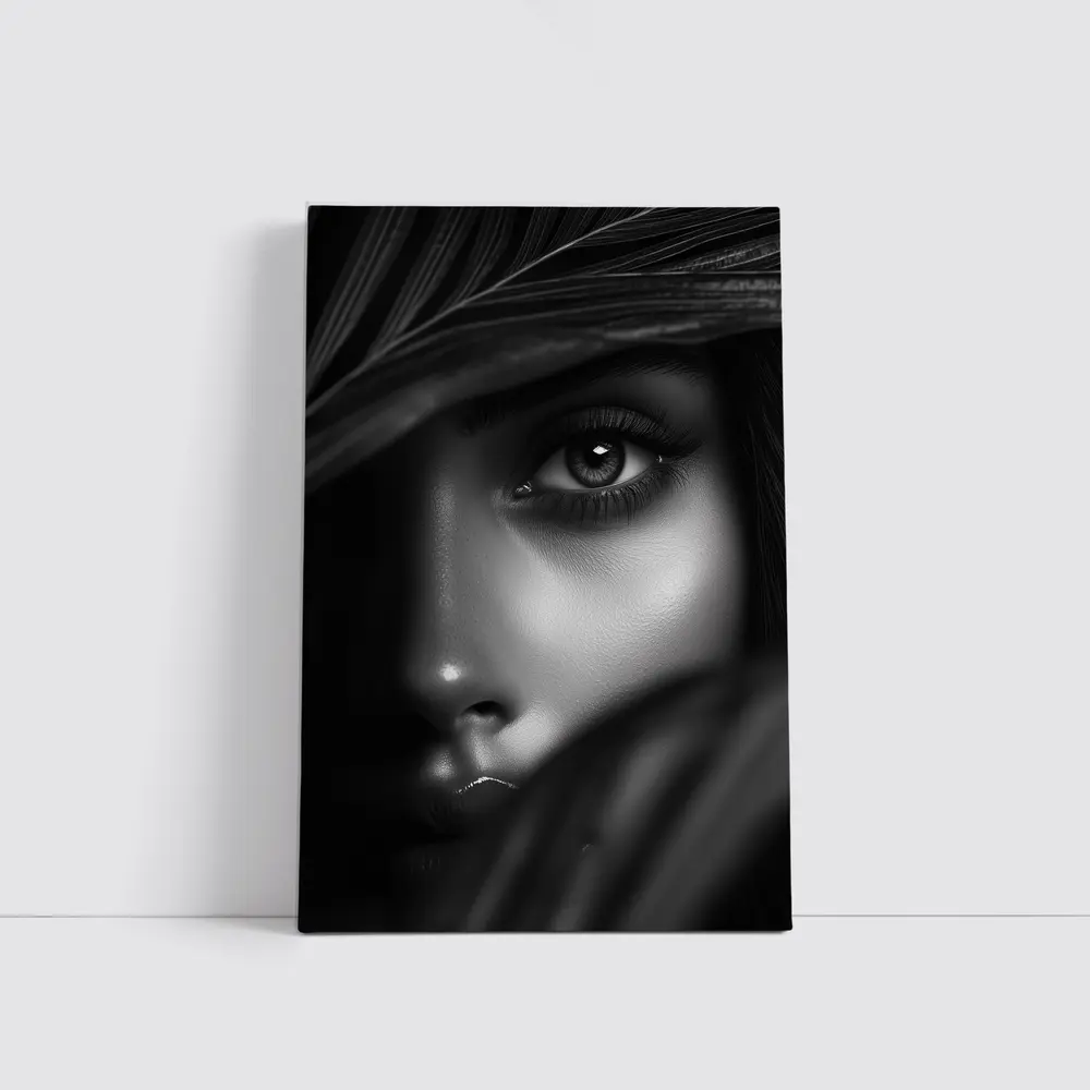 Black and White Woman Portrait Through Leaves – Wall Art