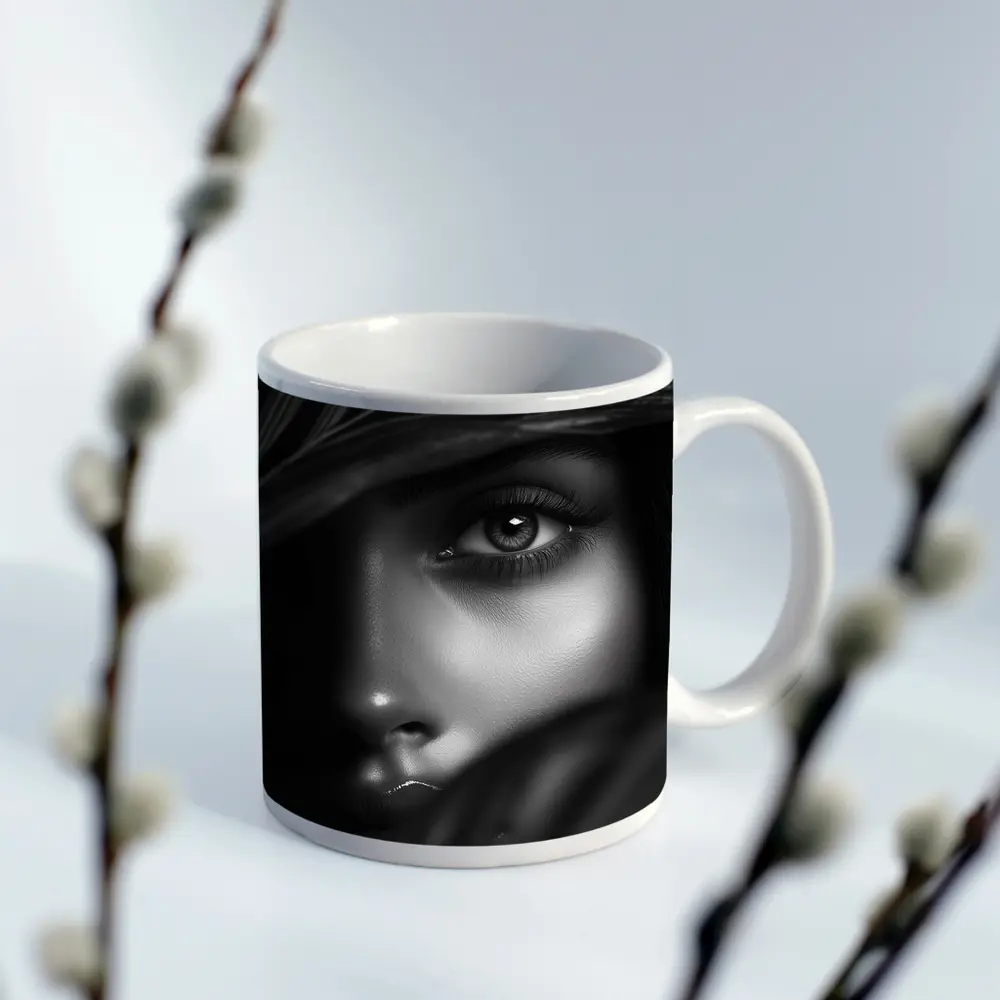 Black and White Woman Portrait Through Leaves – Mugs