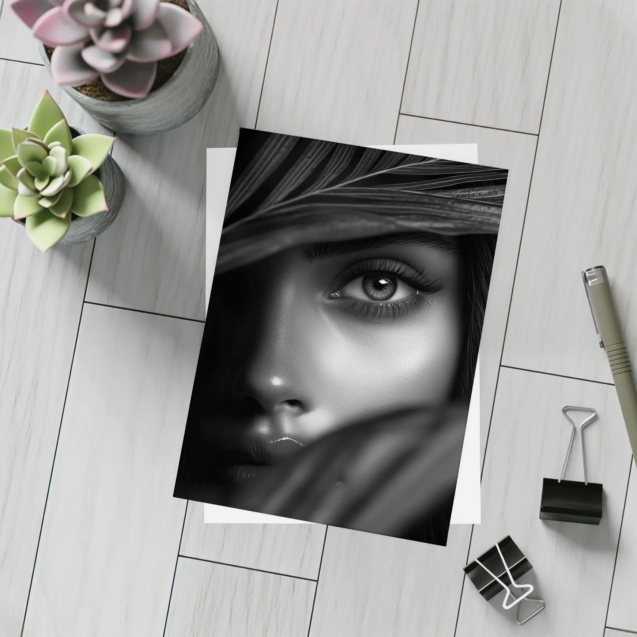 Black and White Woman Portrait Through Leaves – Postcards
