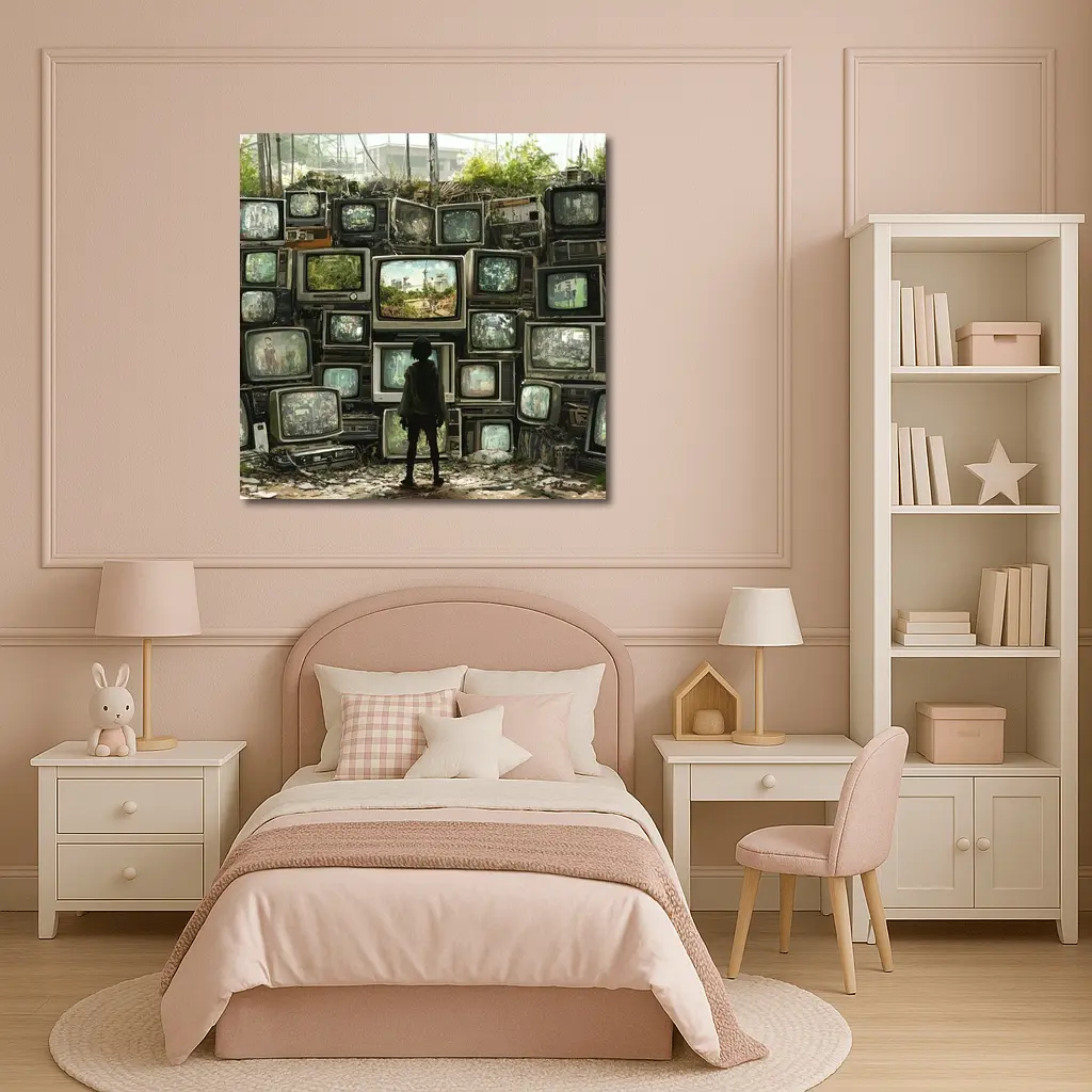 Child Standing Before Wall of Old Televisions – Wall Art