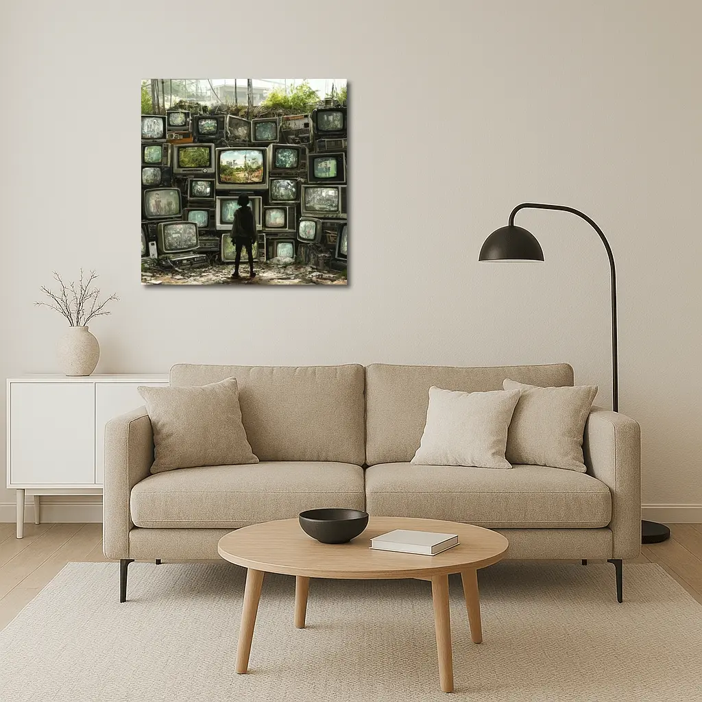 Child Standing Before Wall of Old Televisions – Wall Art