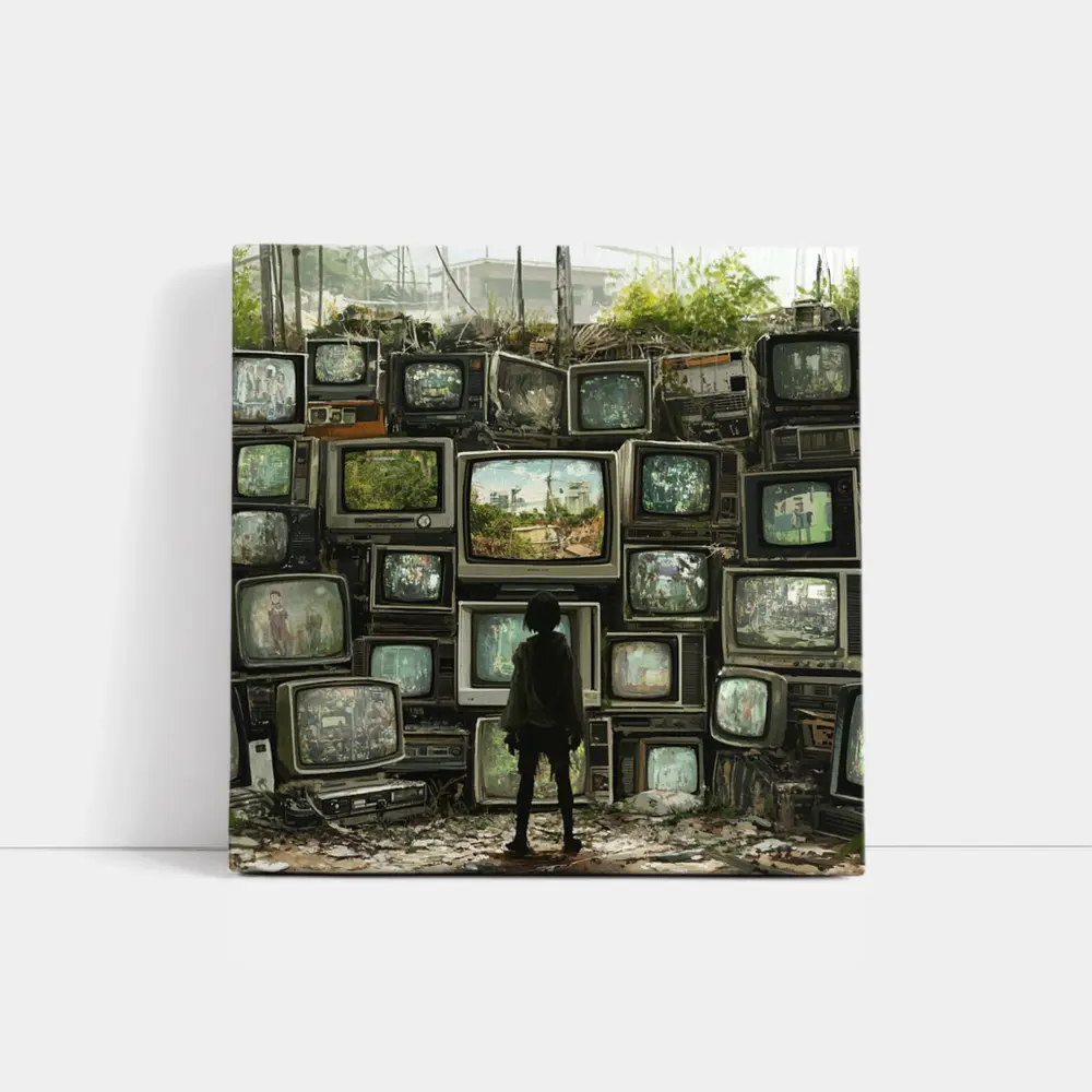 Child Standing Before Wall of Old Televisions – Wall Art