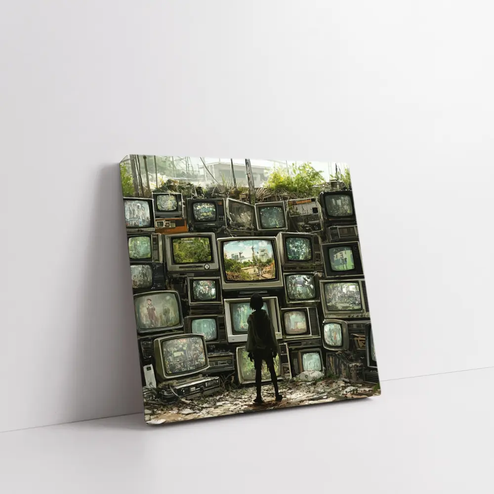 Child Standing Before Wall of Old Televisions – Wall Art