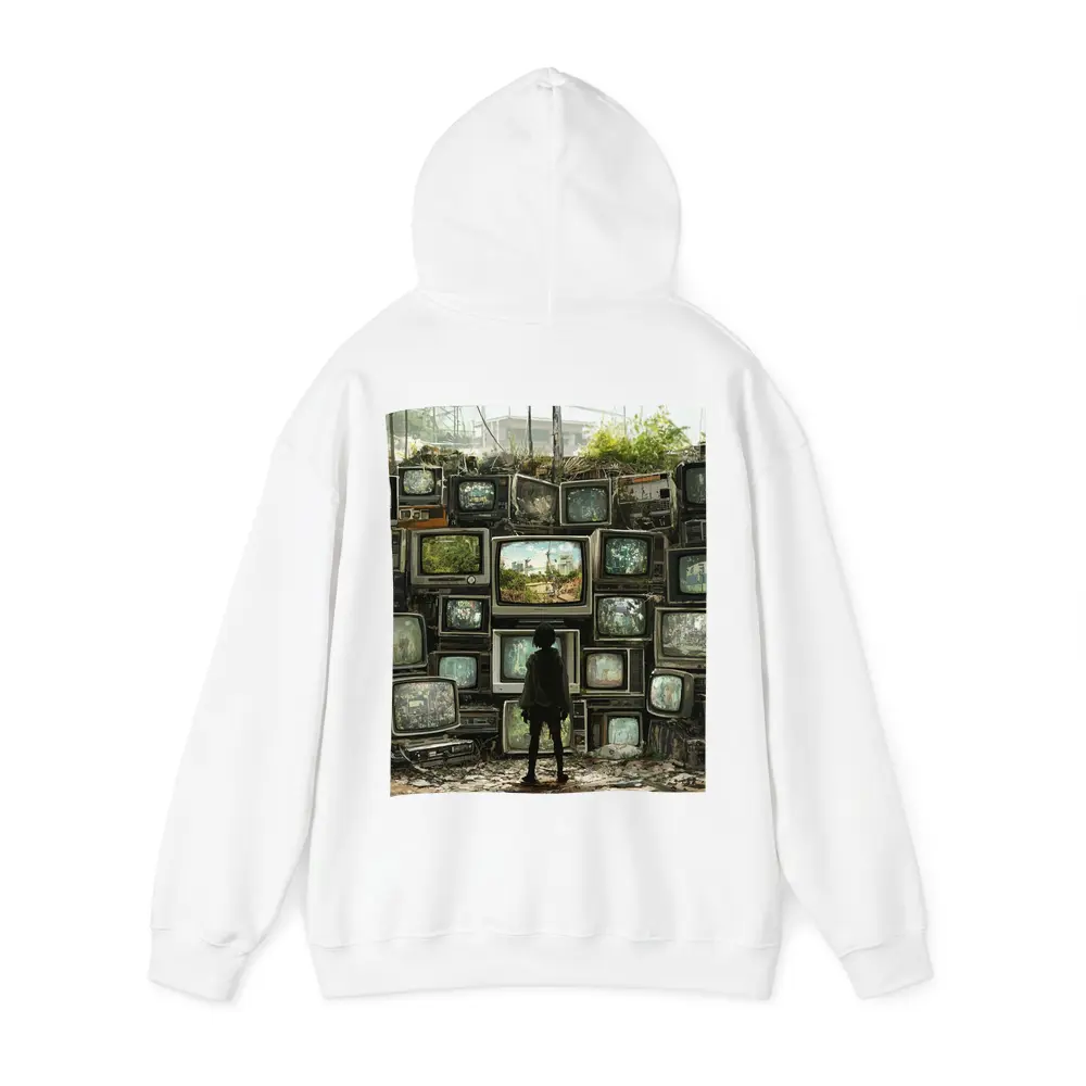 Child Standing Before Wall of Old Televisions – Hoodies