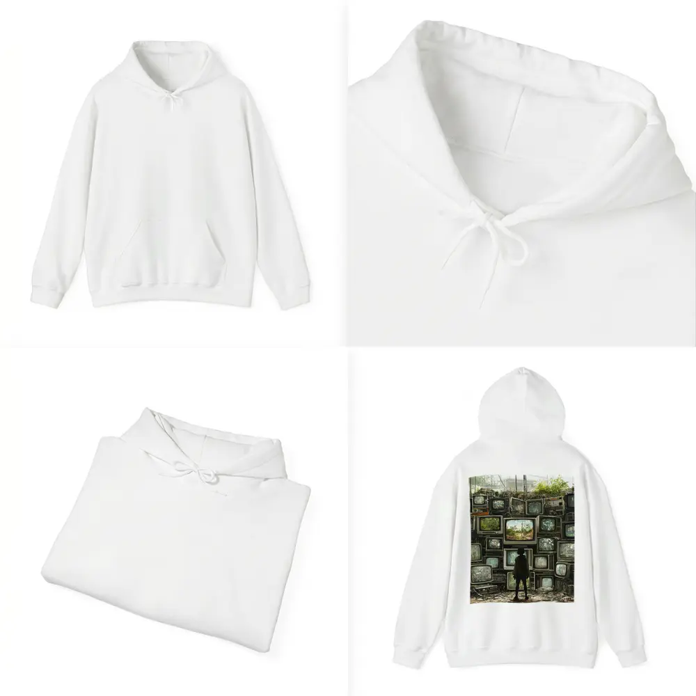 Child Standing Before Wall of Old Televisions – Hoodies