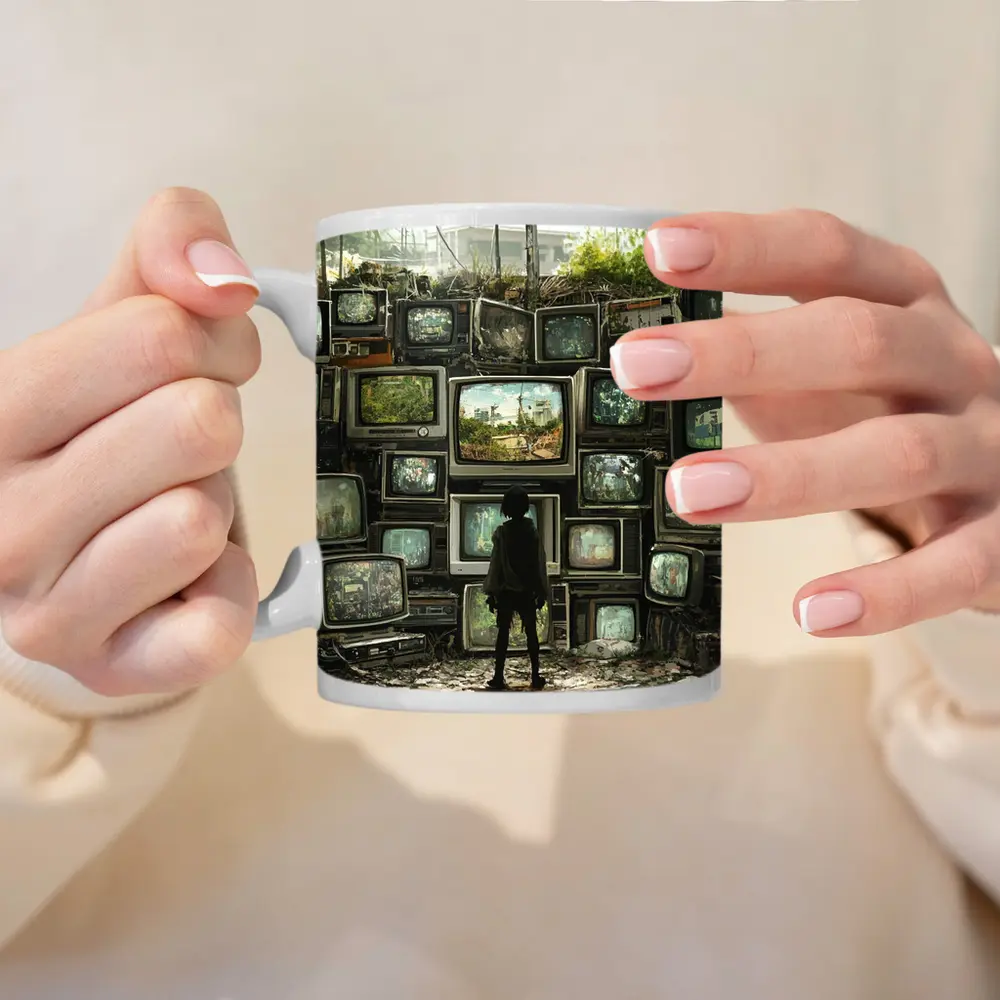 Child Standing Before Wall of Old Televisions – Mugs