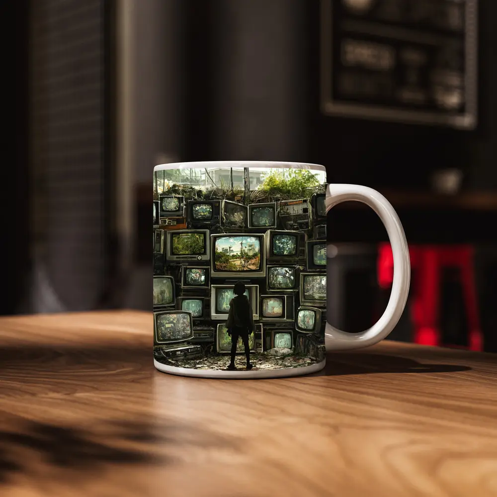 Child Standing Before Wall of Old Televisions – Mugs