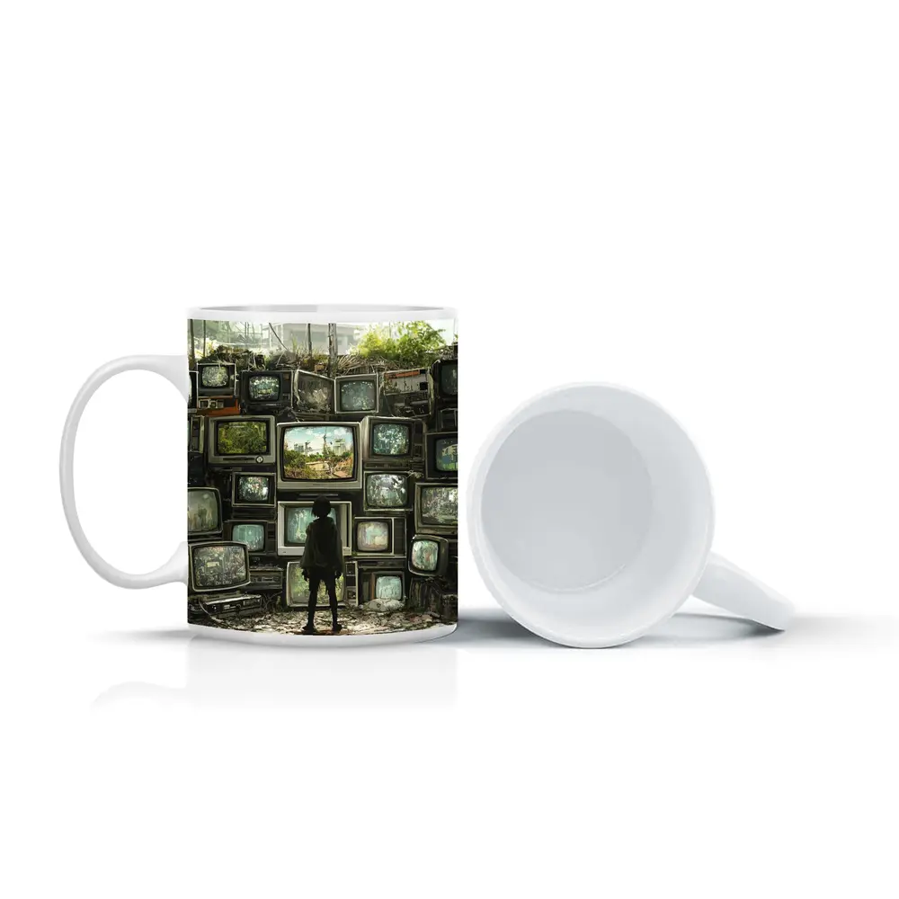 Child Standing Before Wall of Old Televisions – Mugs