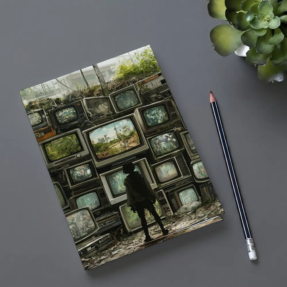 Child Standing Before Wall of Old Televisions – Notebooks